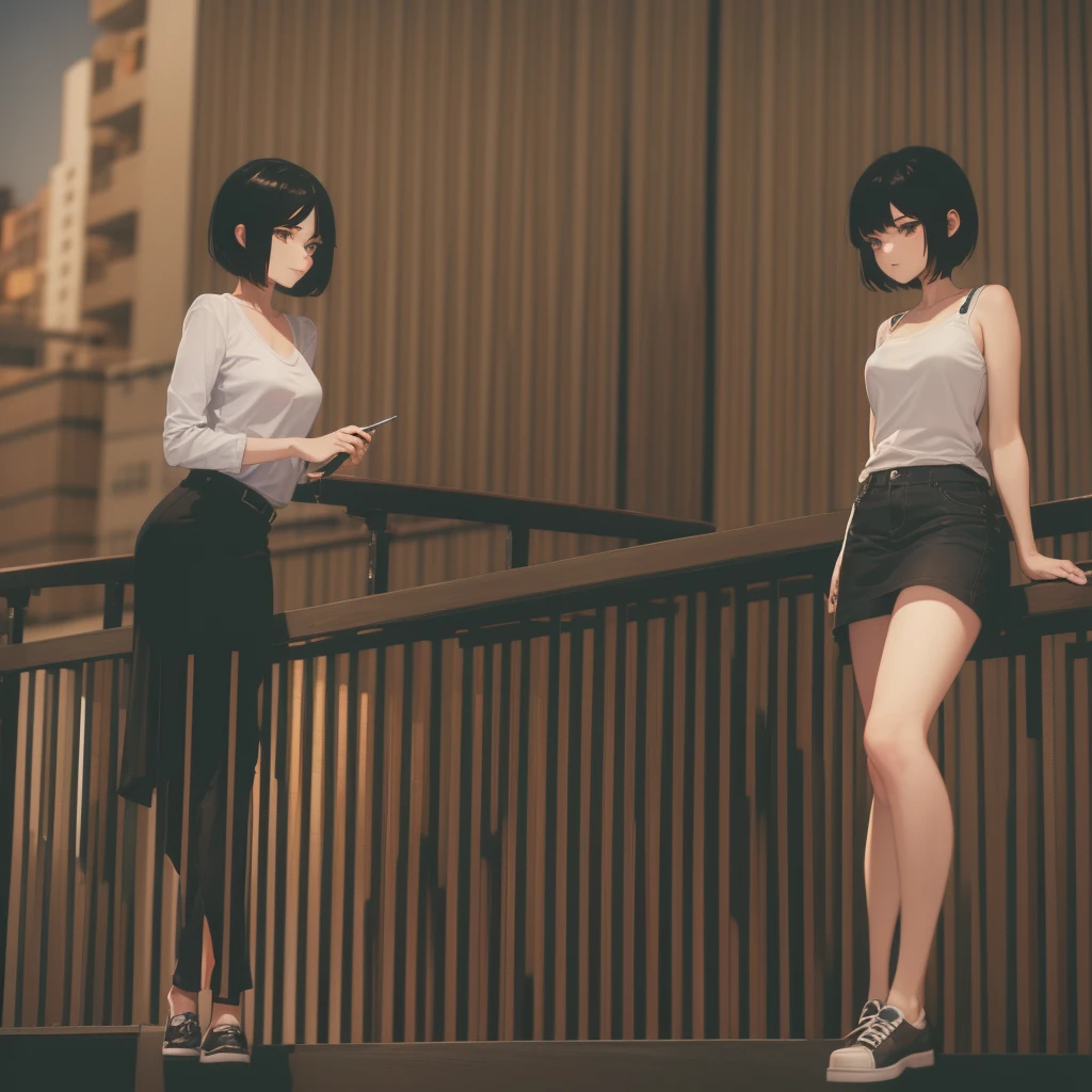 Girl with medium short black hair. At night on a balcony while smoking