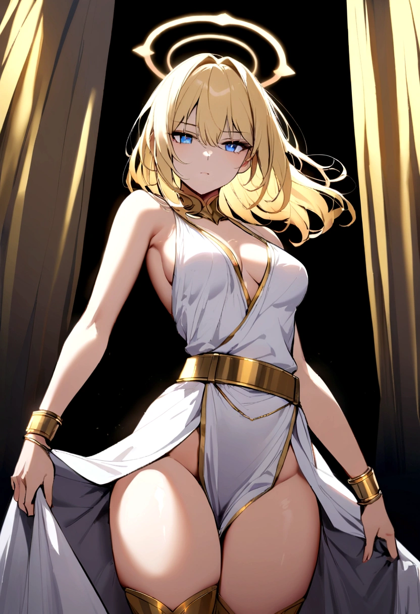 Create a beautiful woman with blue eyes and blonde hair, she white tunic, with gold bracelets, and a golden halo of energy over your head, she has a beautiful body with medium breasts and thighs too, at the waist there is a golden belt, seductive body and a serious look, your white tunic covers your legs 