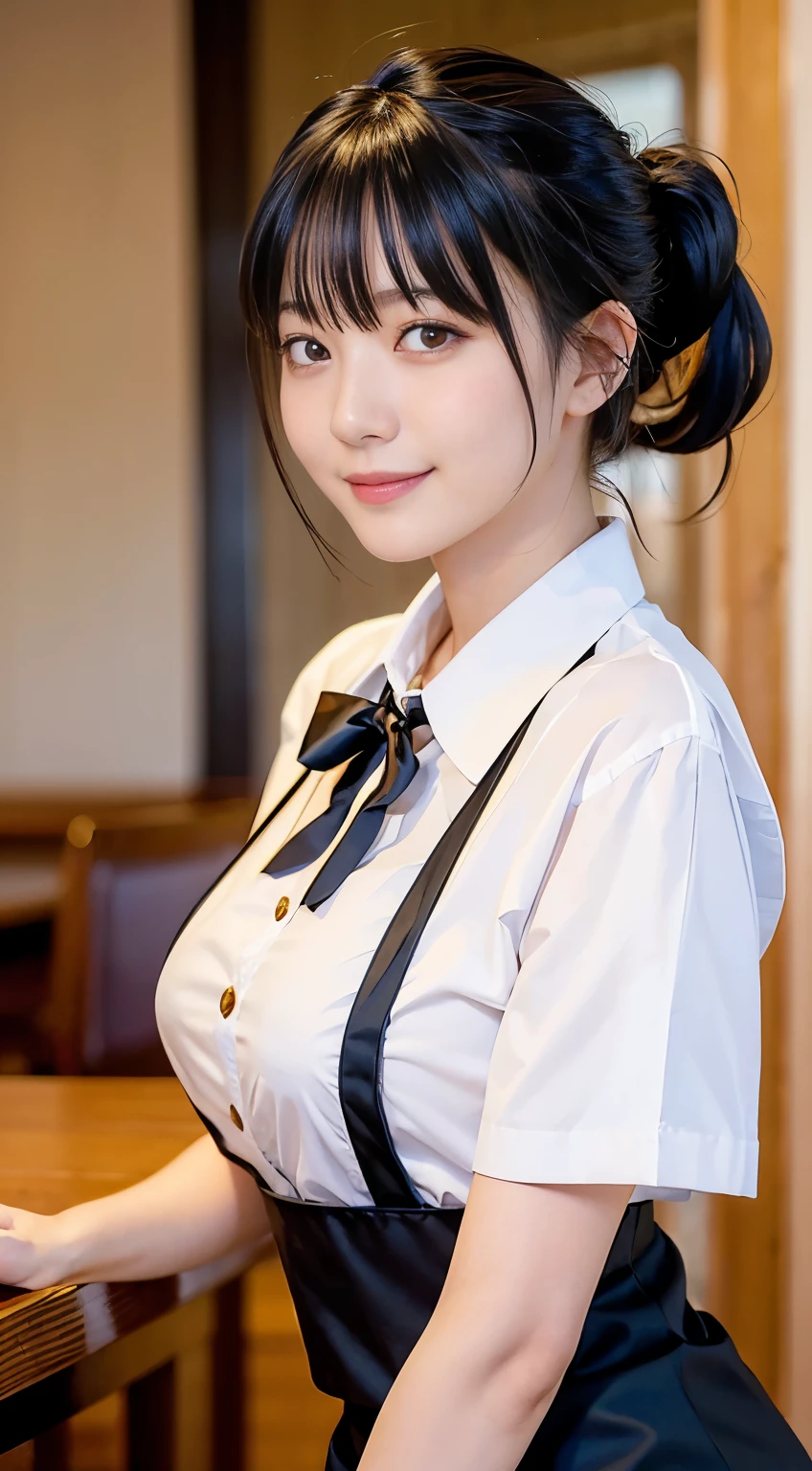 (Highest quality,masterpiece:1.3,Ultra-high resolution,),(Very detailed,Caustics),(Realistic:1.4,RAW shooting,)Ultra-Realistic Capture,Very detailed,High resolution 16k human skin closeup。 Natural skin texture、,pores、、、、It must be detailed enough to be easily identifiable。 Skin tone is even and healthy looking。 Use natural light and color,restaurant,Waitress Uniform,1 girl,Japanese,18-year-old,cute,Black-haired,ponytail,Big Breasts,smile,Turn your body forward,(Front view:1.1),Looking into the camera,Cowboy Shot,