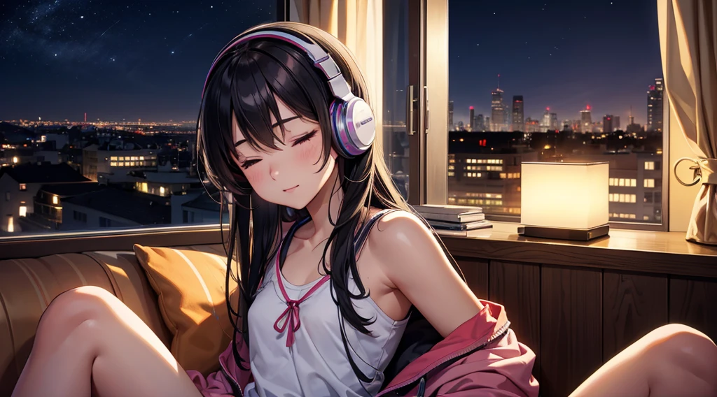 Girl with headphones enjoying music in a home I am studying Emphasize a little bit of the big chest Looking towards me with eyes closed Night Background