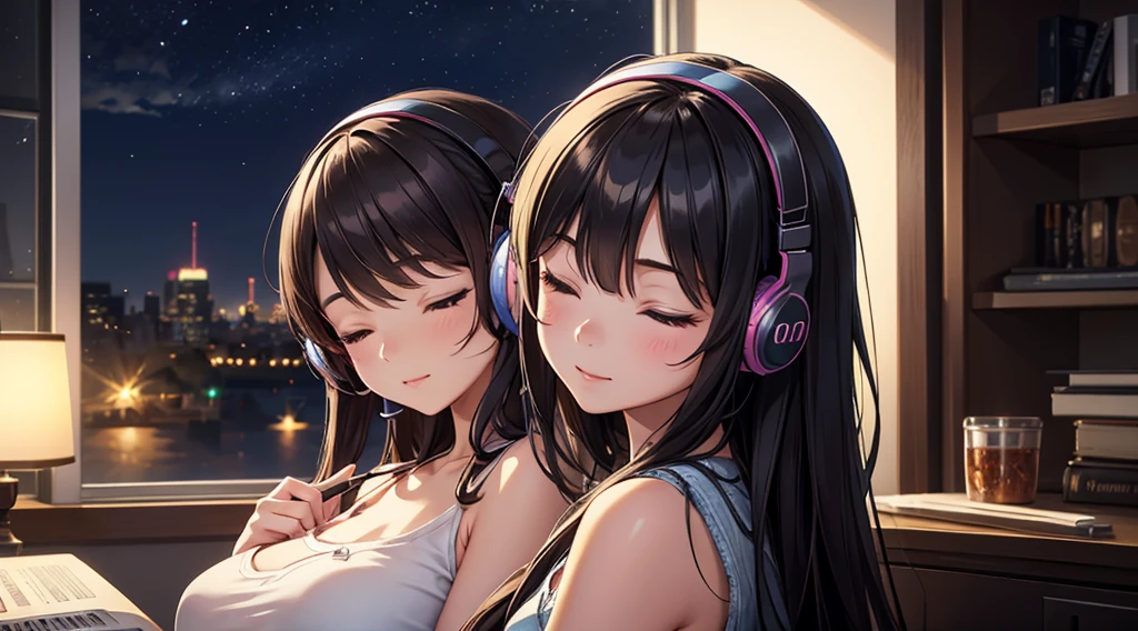 Girl with headphones enjoying music in a home I am studying Emphasize a little bit of the big chest Looking towards me with eyes closed Night Background