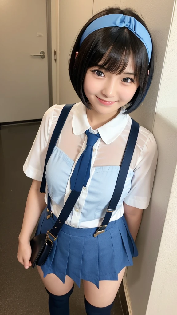 Japanese high school girl, brown eyes, smiling face, young face, black hair, bob cut, blue hairband, white short-sleeved blouse, blue ribbon decoration on collar, blue suspenders, blue miniskirt, black socks, blue shoes, school, hallway, standing in front of the toilet 