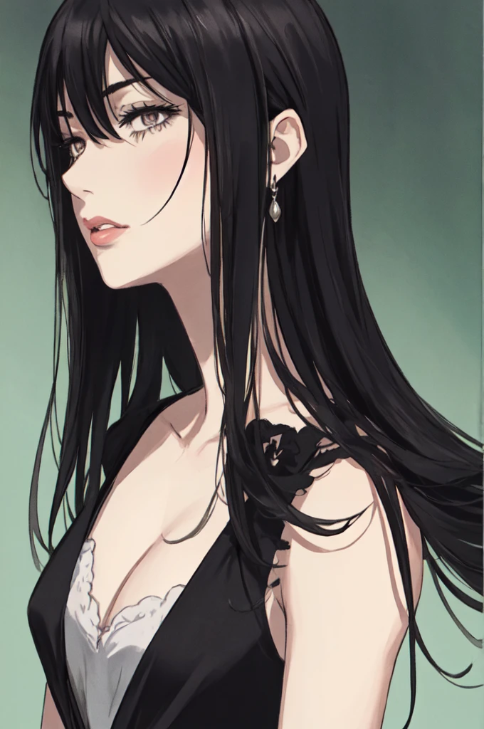 anime style, woman with long black hair, silver eyes, she wears a noble's elegant dress, lips, portrait,