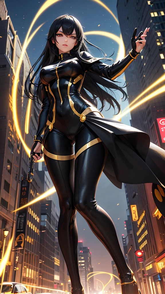 Create an anime cartoon style 3D image of a beautiful woman with black hair and golden honey eyes, with a beautiful golden black lycra carrying futuristic weaponry, great and creative dynamic poses in a city environment of intense neon microparticulate futuristic magic