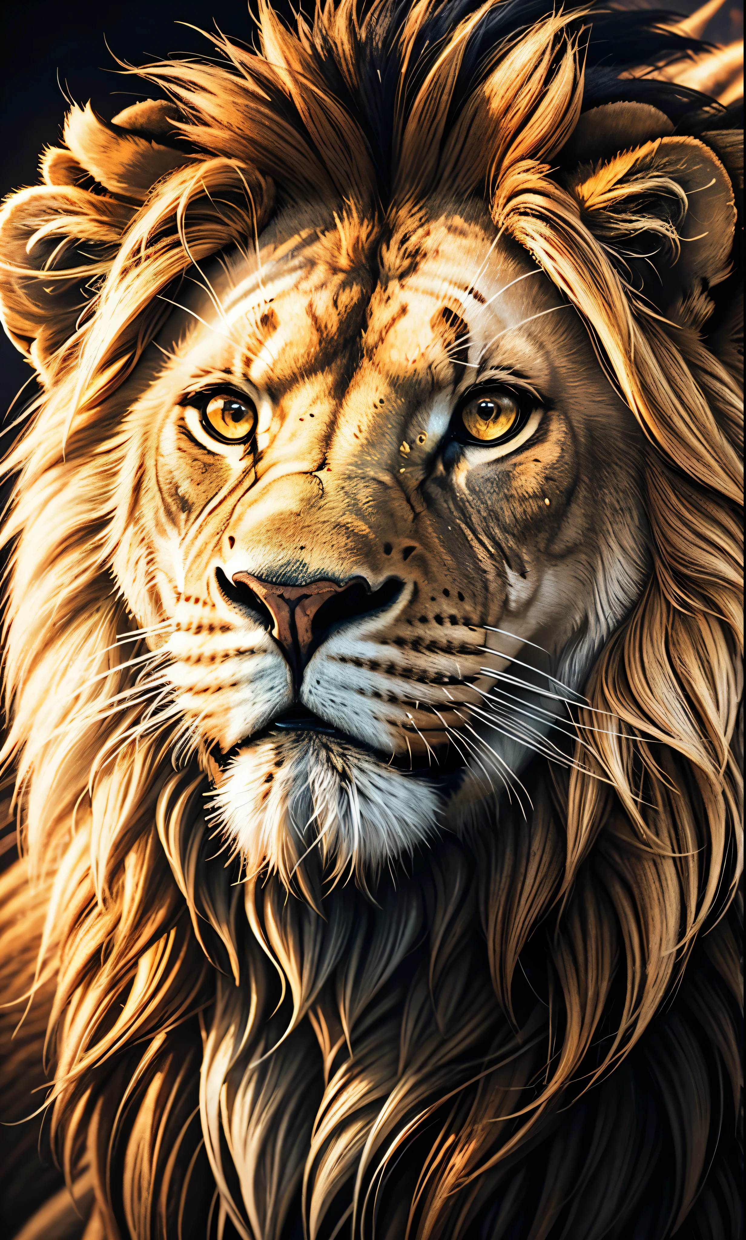 Lion, Divine Lion, naturals, naturals, ferocious, masculine, mighty, golden lion, Thunder Storm, fire rays, Photorealistic Lion, 4K PhotoRealism, Energy, Powerful Lion, Beautiful nature, Great Realistic Lion, FullHD 8K, Sky ligh, Sunset Night, Ligh Sky Sun, Balck Golden, black andwhite, black and gold, detailed realistic face, 8K Detailed Realistic White Lion, Ultrarealistic 8k |, Energia de thunder realista detalhada, Strong Creature realista detalhada, Strong Creature, Lion macho, Rendering, Fotorrealista 8K, UltraHD Alta definição 8K, Detailed Realistic 16K, Nitidez Fotorrealista 8K, 16K photorealistic textures, Contraste Fotorrealista 8K, Sombras Fotorrealistas 8K, Luzes Fotorrealistas 8K, Detailed realistic sunset, Detailed Realistic Lion Face, Detailed realistic light, detailed textures, thunder, detailed shadows, detailed colors, Celestial Electricity, Golden thunder, Lion realista, Ultra Realistic 16K, Realistic 16K, Realistic 16K sharpness, 16K photorealistic textures, 16K realistic colors, powerful creature, Majestic power, Power of Heaven, Great Divine, detailed contrast, realistic contrast, high resolution, detailed colors, fire, villany, divine creature, 8K, realistic detailed, 16K, 8K, High definition, detailed contrast, realistic contrast, high resolution, detailed colors, fire, villany, divine creature, realistic detailed, posh, chic