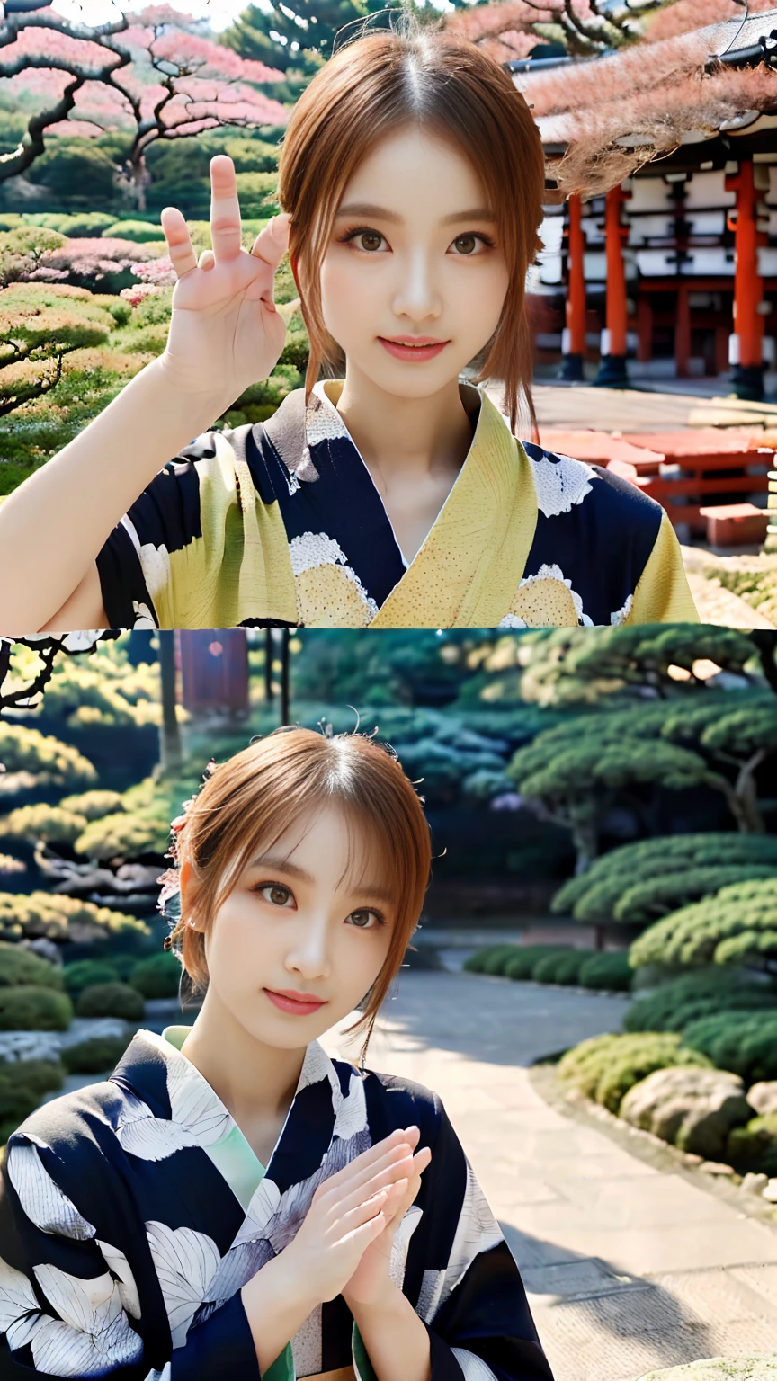 (((Regular dressing:1.5))),(Surreal), (High resolution), (8K), (Very detailed), (Best illustrations), (Beautifully detailed and sparkling eyes), (Highest quality), (Very detailedな), (masterpiece), (wallpaper), (Detailed face), (Beautiful smile)、(Beautiful expression)、One female、Looking into the camera、((Glamorous Body))、(((Japanese、Reality、Beautiful Posing、Sexy gestures、Kenrokuen Garden、Japanese garden、Beautiful kimono、National treasure-class kimono,Thick kimono:1.5)))