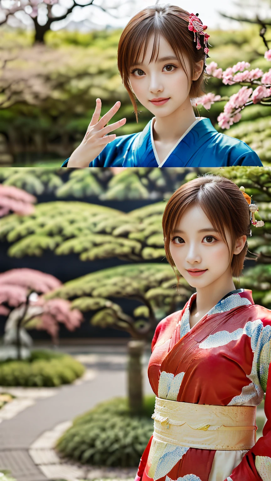(((Regular dressing:1.5))),(Surreal), (High resolution), (8K), (Very detailed), (Best illustrations), (Beautifully detailed and sparkling eyes), (Highest quality), (Very detailedな), (masterpiece), (wallpaper), (Detailed face), (Beautiful smile)、(Beautiful expression)、One female、Looking into the camera、((Glamorous Body))、(((Japanese、Reality、Beautiful Posing、Sexy gestures、Kenrokuen Garden、Japanese garden、Beautiful kimono、National treasure-class kimono,Thick kimono:1.5)))