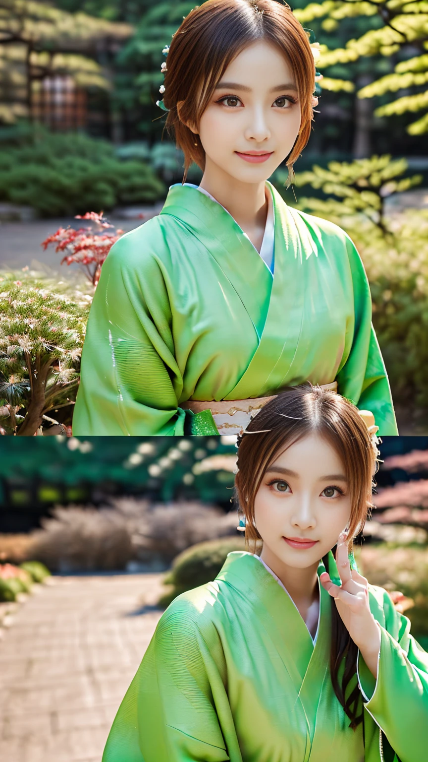 (((Regular dressing:1.5))),(Surreal), (High resolution), (8K), (Very detailed), (Best illustrations), (Beautifully detailed and sparkling eyes), (Highest quality), (Very detailedな), (masterpiece), (wallpaper), (Detailed face), (Beautiful smile)、(Beautiful expression)、One female、Looking into the camera、((Glamorous Body))、(((Japanese、Reality、Beautiful Posing、Sexy gestures、Kenrokuen Garden、Japanese garden、Beautiful kimono、National treasure-class kimono,Thick kimono:1.5)))