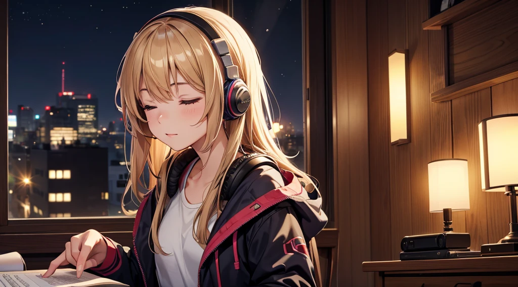 Girl with headphones enjoying music in a home I am studying Emphasize a little bit of the big chest Looking towards me with eyes closed Night Background