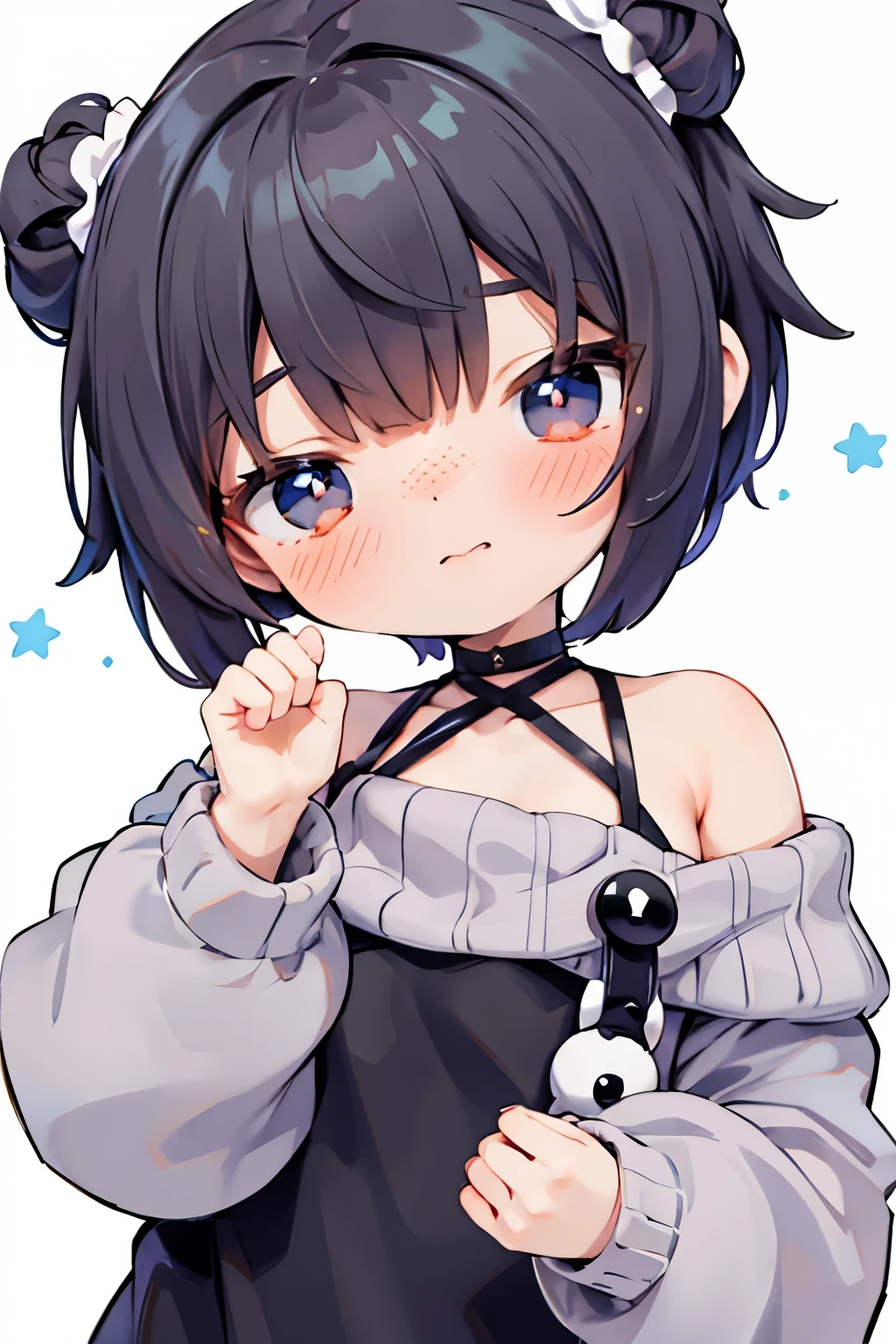 Shoulder sweater, Curly shorthair, hair scrunchie, Twin-tailed, kawaii pose、A face and pose that expresses deliciousness