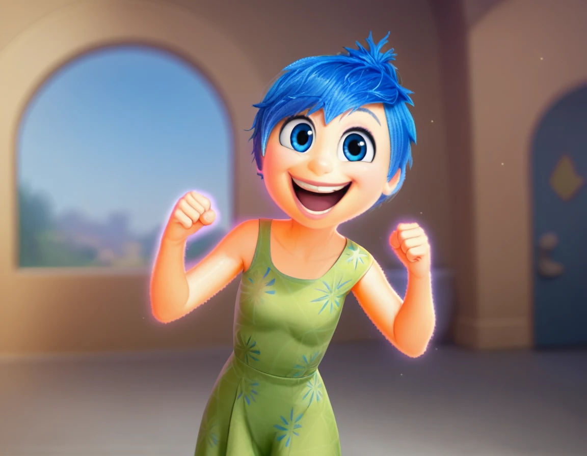 j_o_y, 1 girl, blue hair, green dress, glowing, happy, closed fist, front view, masterpiece, best quality