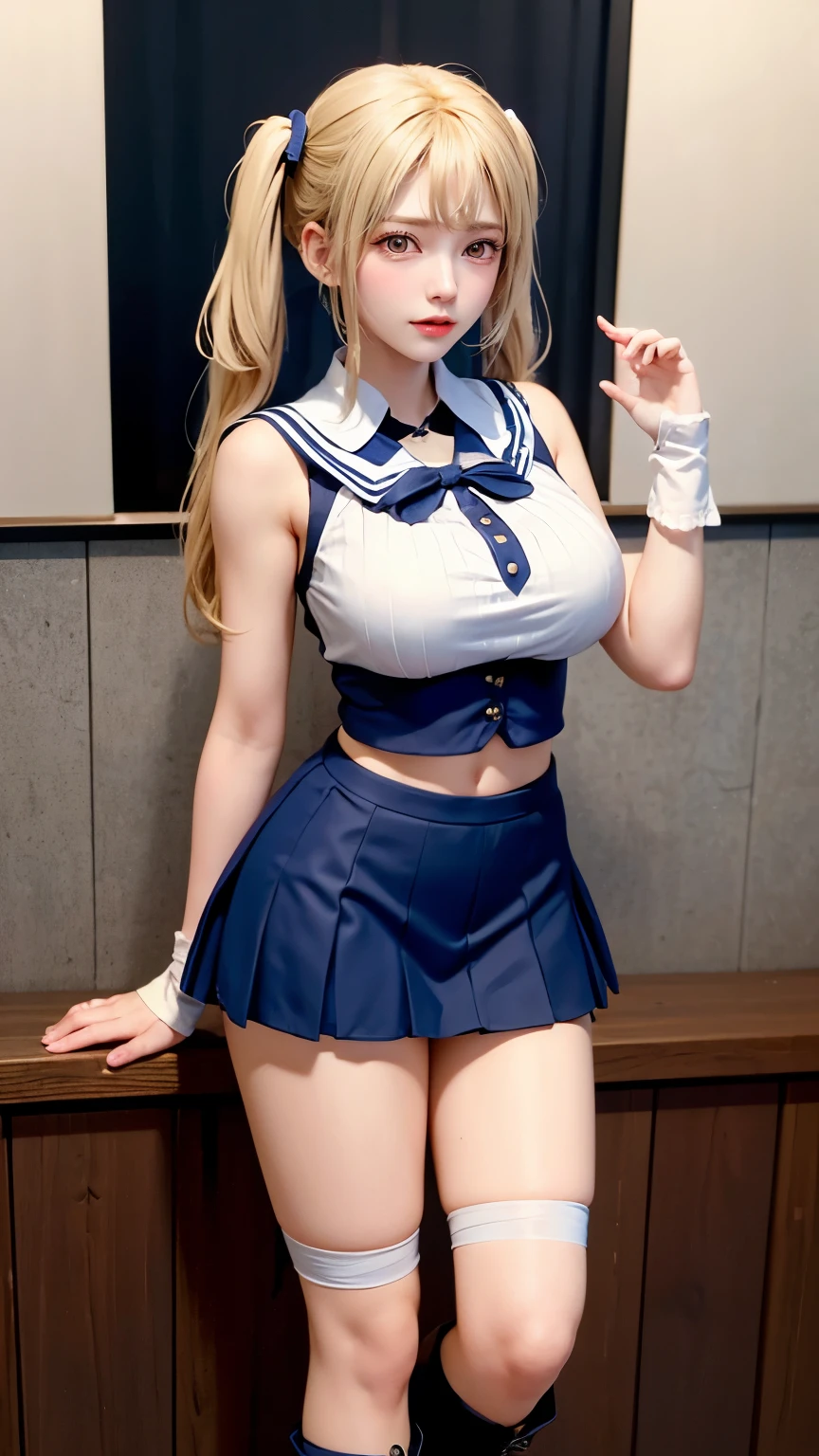 （Very delicate and beautiful：1.2）super model,,Big Breasts,Beautiful breasts,voluptuous,【bike shorts】,,【3girls】,,Highest quality, High resolution, 8K,mini skirt,Navy blue frilly sailor suit,Blonde twin tails,Lolita Style,Right hand bandaged,boots