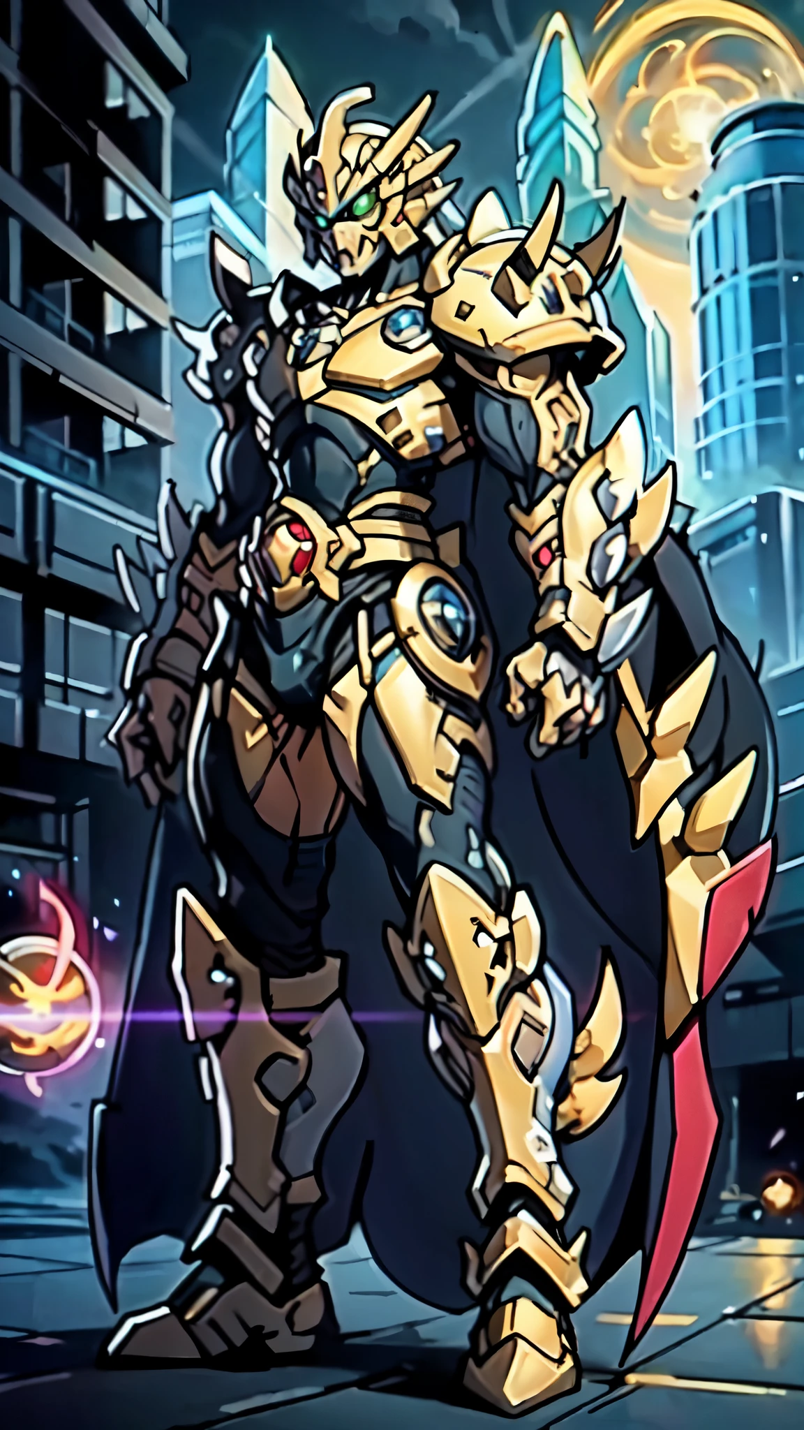 (masterpiece:1.5, best quality:1.5, extremely delicate:1.5, perspective:1.5, foreshortening:1.5, dynamic angle:1.5), a man wearing a full-face helmet, a fantasy-style biotech armored combat suit, green eyes, (a composite layered chest armor), fully enclosed shoulder guards, matching arm and leg guards, the belt is adorned with fangs biting into orbs, (the color scheme is primarily black with red accents), the design balances heavy with agility, a high-tech bio-mecha armor, (Armor Concept Inspired by Bat, stand on the top of a skyscraper in a futuristic sci-fi city), this character embodies a finely crafted fantasy-surreal style armored hero in anime style, exquisite and mature manga art style, (element, plasma, energy, the armor glows), ((male:1.5)), metallic, high definition, highres, ultra-detailed, ultra-fine painting, professional, perfect body proportions, golden ratio, anatomically correct, symmetrical face, extremely detailed eyes and face, high quality eyes, creativity, RAW photo, UHD, 32k, Natural light, cinematic lighting, masterpiece-anatomy-perfect