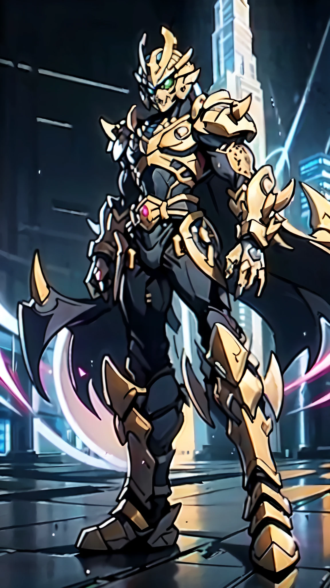 (masterpiece:1.5, best quality:1.5, extremely delicate:1.5, perspective:1.5, foreshortening:1.5, dynamic angle:1.5), a man wearing a full-face helmet, a fantasy-style biotech armored combat suit, green eyes, (a composite layered chest armor), fully enclosed shoulder guards, matching arm and leg guards, the belt is adorned with fangs biting into orbs, (the color scheme is primarily black with red accents), the design balances heavy with agility, a high-tech bio-mecha armor, (Armor Concept Inspired by Bat, stand on the top of a skyscraper in a futuristic sci-fi city), this character embodies a finely crafted fantasy-surreal style armored hero in anime style, exquisite and mature manga art style, (element, plasma, energy, the armor glows), ((male:1.5)), metallic, high definition, highres, ultra-detailed, ultra-fine painting, professional, perfect body proportions, golden ratio, anatomically correct, symmetrical face, extremely detailed eyes and face, high quality eyes, creativity, RAW photo, UHD, 32k, Natural light, cinematic lighting, masterpiece-anatomy-perfect
