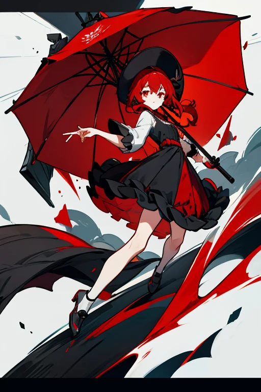 , Red hair, blood red eyes, black hat, red and black dress, black shoes with socks, black umbrella