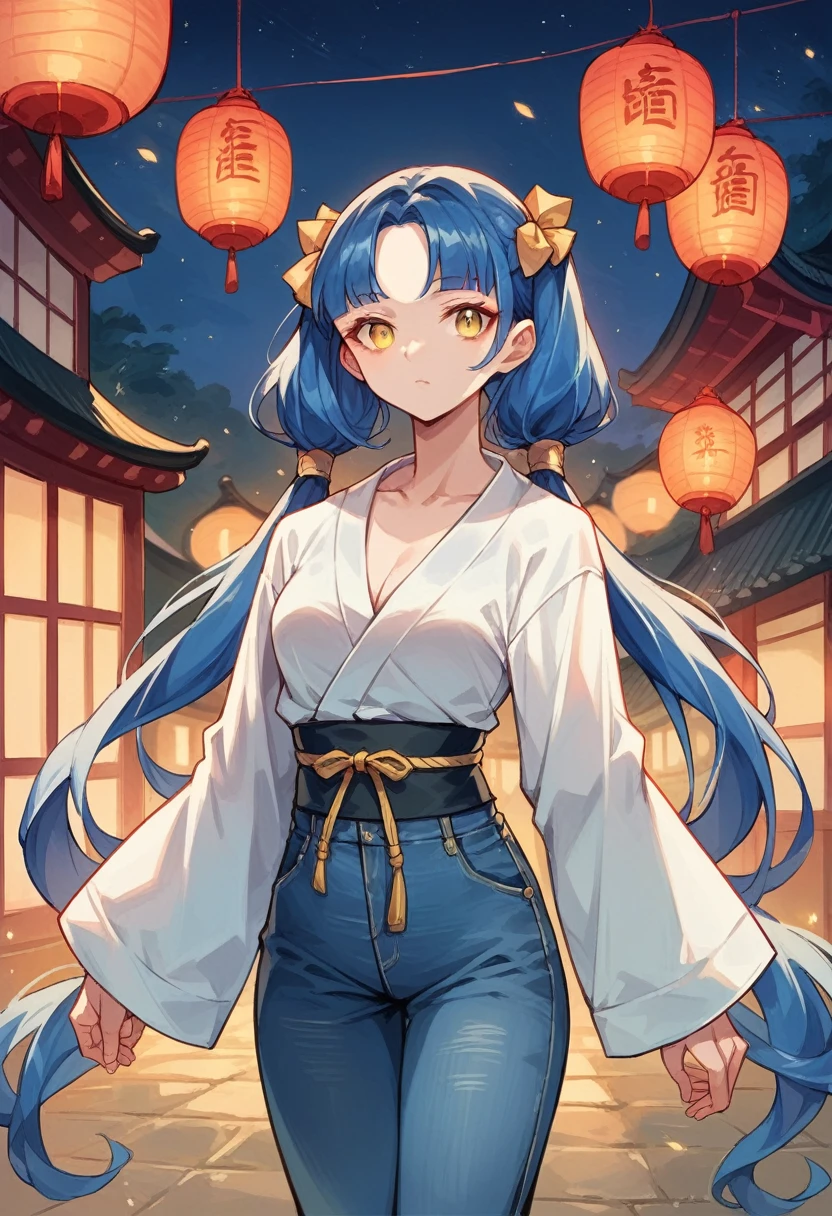 (One very tall woman,Navy Blue Hair,Her hairstyle is twin tails that expose her forehead.,Medium chest,yellow eyes)Black Techwear,Jeans pants,Background is a Japanese mansion at night