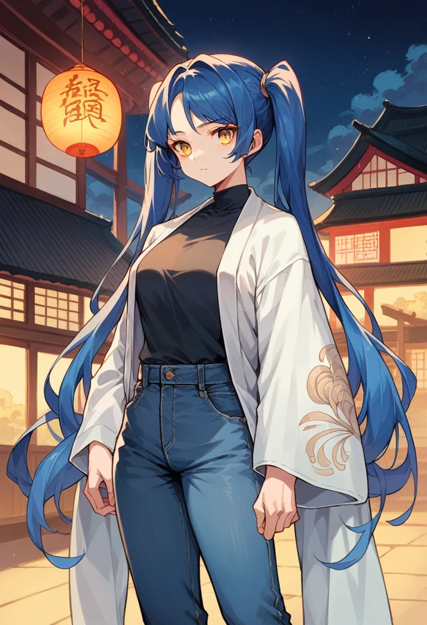 (One very tall woman,Navy Blue Hair,Her hairstyle is twin tails that expose her forehead.,Medium chest,yellow eyes)Black Techwear,Jeans pants,Background is a Japanese mansion at night
