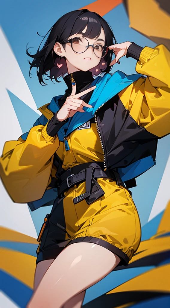 Top Quality, 8K, 4K, High Definition, Detail, (better-quality, 8K, 12), top-quality, 1 girl、only showing her face, she has Black hair, wearing a yellow pin on her right side of her hair, she has her hands together, she looking at you, she is smiling at you, medium breast, her jacket color dark blue and black with a black zipper, brown eyes, showing her face and chesat, short hair long as her neck, (only showing half of her body) her jacket is loose. she is wearing earing only right ear shaped has a heart, she has her hand up making a pose, get closer to see up close of her face, she making a pose, she making pose her finger, she is wearing glasses, Japanese face,  long black hair,
