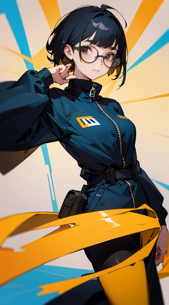 Top Quality, 8K, 4K, High Definition, Detail, (better-quality, 8K, 12), top-quality, 1 girl、only showing her face, she has Black hair, wearing a yellow pin on her right side of her hair, she has her hands together, she looking at you, she is smiling at you, medium breast, her jacket color dark blue and black with a black zipper, brown eyes, showing her face and chesat, short hair long as her neck, (only showing half of her body) her jacket is loose. she is wearing earing only right ear shaped has a heart, she has her hand up making a pose, get closer to see up close of her face, she making a pose, she making pose her finger, she is wearing glasses, Japanese face, long black hair,