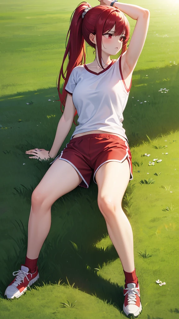 8k, best quality, masterpiece, ultra-detailed,1girl,solo,long ponytail hair, red eyes,red hair,White t-shirt, White shirt,red shorts, sitting on the field, training ground, morning, bright sun, looking away,ultra detail, ultra HD,full body photo, armpits