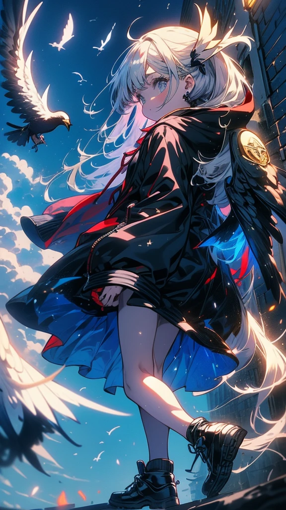 Masterpiece, intricately details,Best quality, 1girll, 独奏, bird, Hood, Standing on a street corner,Long hair, shoes, Jacket, blackfootwear, Hood down, animal on shoulder, whaite hair, Animal, blue jacket, Sneakers, sign, Cloud, bangs, Long sleeves, From the side Side, hoodie, profile, Outdoors, bird on shoulder, sky, jacket with a hood
