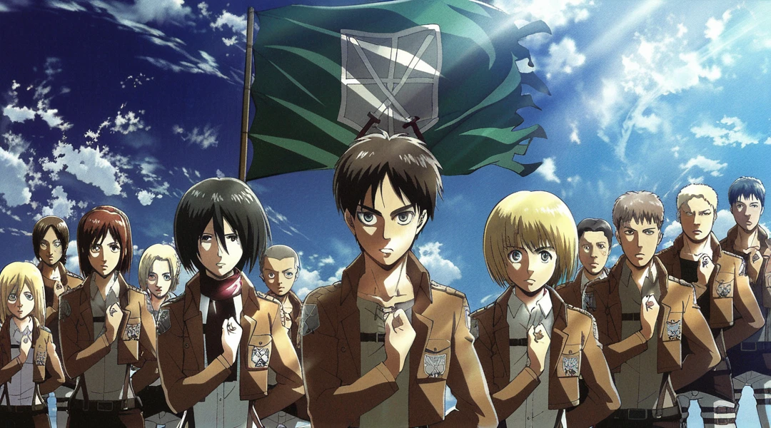 attack on titan characters saluting, amazing quality 4k, perfect eyes, perfect faces, perfect proportions, tailored clothing, high quality clothing, light beams, amazing blue sky, clouds,