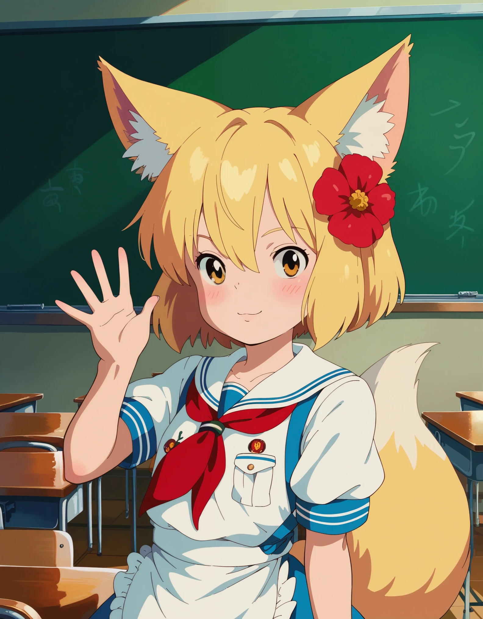 StudioGhibli, score_9, score_8_up, score_7_up, score_6_up, 1girl, blonde hair, animal ears, fox ears, blush, animal ear fluff, hair ornament, fox girl, hair flower, hair between eyes, short hair, fox tail, tail, flat chest, yellow eyes,Soviet uniform, frilled apron, frilled hair scrunchie, red neckerchief, classroom, waving, clear line