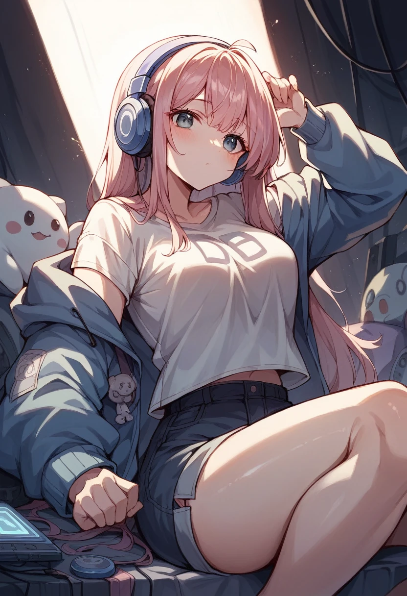 night、Girl listening to music in a cozy room, Use headphones, 2D Style Anime, Lo-Fi, hard disk, Dark Environment