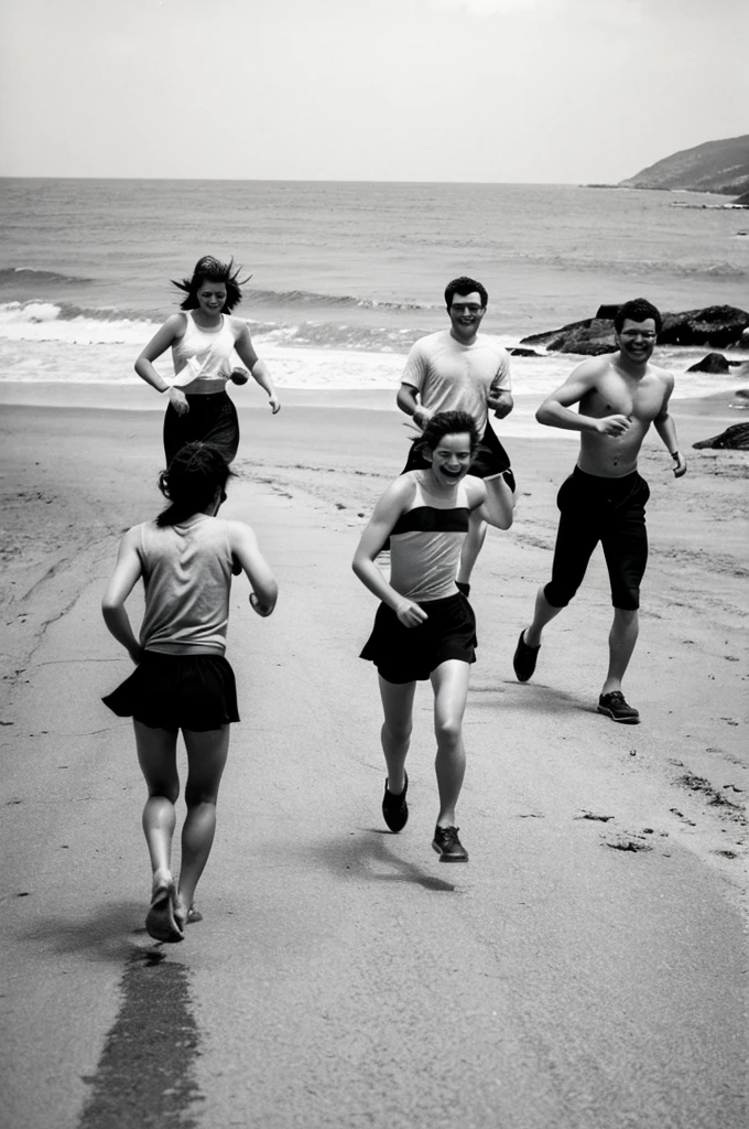 Old style photo of group of friends are having fun and running to sea beach with inflatable donuts