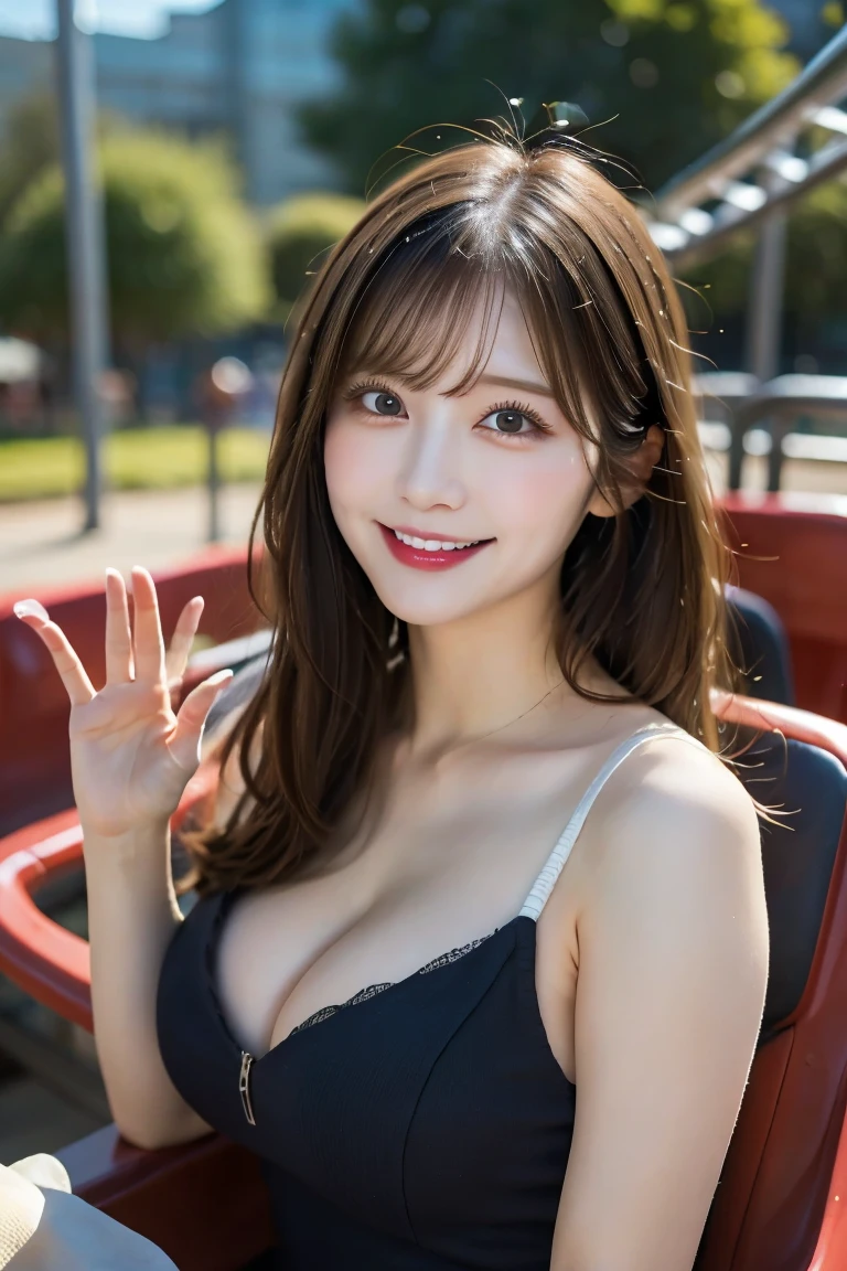 Riding a roller coaster at an amusement park, Highest quality, shape, Very detailed, In detail, High resolution, 8k wallpaper, Perfect dynamic composition, Beautiful details, Natural Lip, Cute one piece dress , Big Breasts, Cleavage, Looking at me, waving, happy face, A masterpiece of the whole body,
