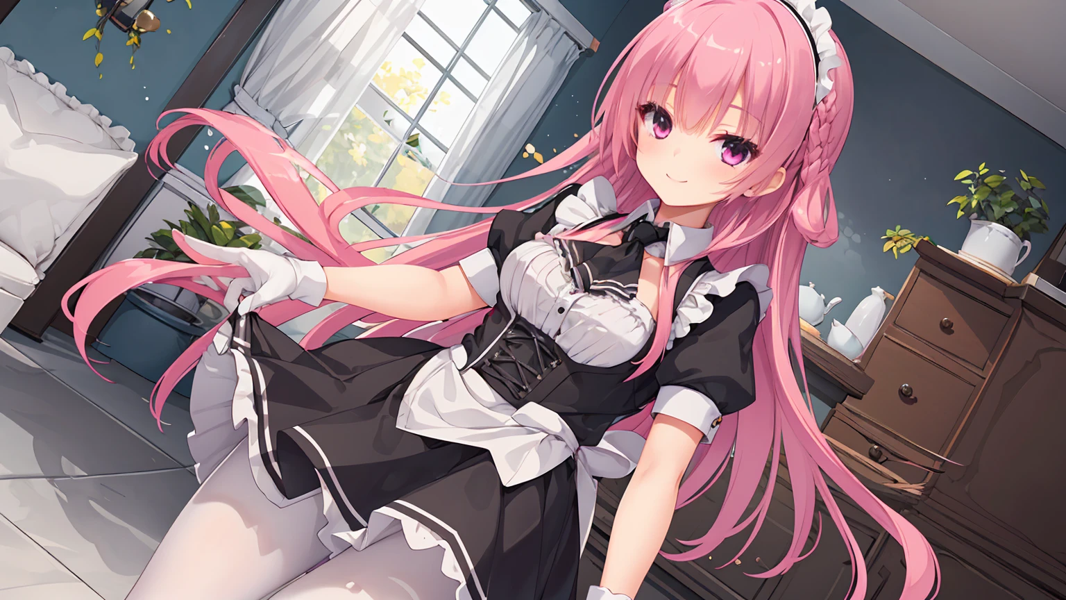 a girl，solo，Long pink hair，gentle，Smile，medium long hair，Distribute，black maid outfit，short skirt ，black gloves,night,digital punk, indoors，((White pantyhose))，white underwear，sansilinglai、character-centered