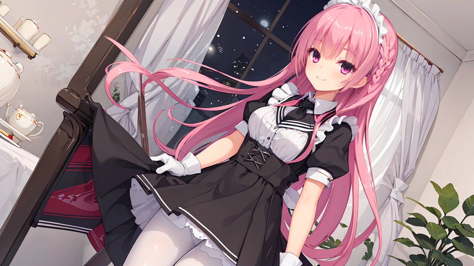 a girl，solo，Long pink hair，gentle，Smile，medium long hair，Distribute，black maid outfit，short skirt ，black gloves,night,digital punk, indoors，((White pantyhose))，white underwear，sansilinglai、character-centered