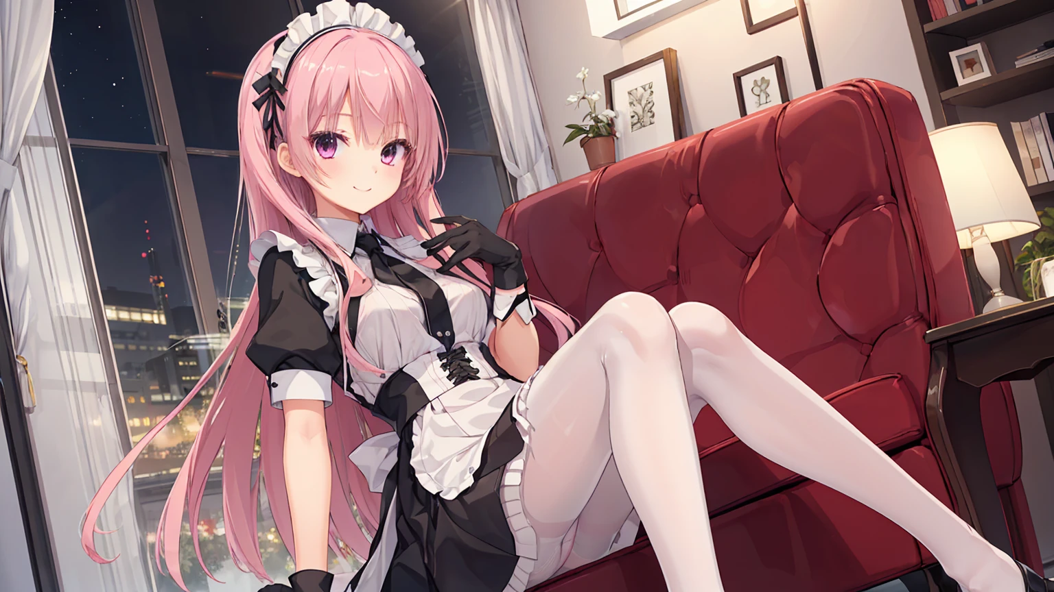 a girl，solo，Long pink hair，gentle，Smile，medium long hair，Distribute，black maid outfit，short skirt ，black gloves,night,digital punk, indoors，((White pantyhose))，white underwear，sansilinglai、character-centered