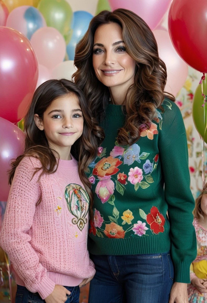 A warm photograph between a 45-year-old brunette woman with medium-sized, sagging , an hourglass body, and beautiful wavy brown hair with her 11-year-old daughter. Her mother, very serious, is wearing a luxury dark green Louis Vuitton sweater and navy blue jeans. She is standing next to her daughter. The girl is smiling and wearing a pink Gucci sweater with printed flowers. Her almond eyes shine with joy as they look at each other.
The background is a children's party, full of colorful balloons and clowns