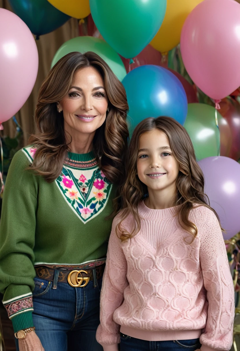 A warm photograph between a 45-year-old brunette woman with medium-sized, sagging breasts, an hourglass body, and beautiful wavy brown hair with her 11-year-old daughter. Her mother, very serious, is wearing a luxury dark green Louis Vuitton sweater and navy blue jeans. She is standing next to her daughter. The girl is smiling and wearing a pink Gucci sweater with printed flowers. Her almond eyes shine with joy as they look at each other.
The background is a children's party, full of colorful balloons and clowns