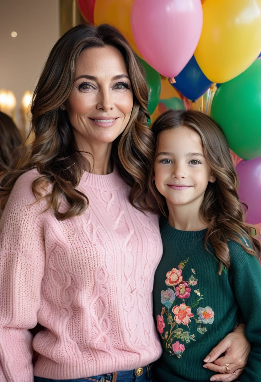 A warm photograph between a 45-year-old brunette woman with medium-sized, sagging breasts, an hourglass body, and beautiful wavy brown hair with her -yeld dater. Her mother, very serious, is wearing a luxury dark green Louis Vuitton sweater and navy blue jeans. She is standing next to her daughter. The girl is smiling and wearing a pink Gucci sweater with printed flowers. Her almond eyes shine with joy as they look at each other.
The background is a children's party, full of colorful balloons and clowns