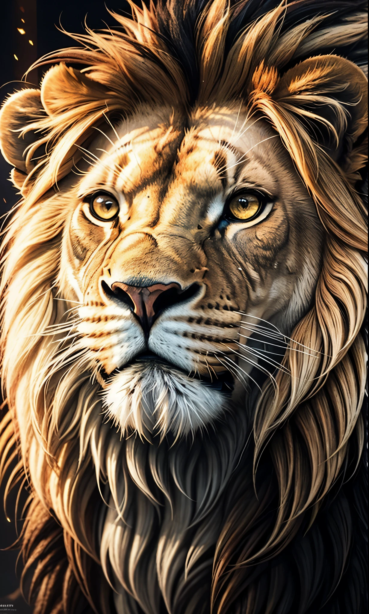 Lion, Divine Lion, naturals, naturals, ferocious, masculine, mighty, golden lion, thunderstorm, fire rays, Photorealistic Lion, 4K PhotoRealism, energy, Powerful Lion, beautiful nature, Great Realistic Lion, FullHD 8K, Light of sky, sunset night, Clear sky Sun, Black Golden, black andwhite, black and gold, detailed realistic face, 8K Detailed Realistic White Lion, Ultrarealistic 8k |, Energia de thunder realista detalhada, Strong Creature realista detalhada, Strong Creature, Lion macho, Rendering, Fotorrealista 8K, UltraHD Alta definição 8K, Detailed Realistic 16K, Nitidez Fotorrealista 8K, 16K photorealistic textures, Contraste Fotorrealista 8K, Sombras Fotorrealistas 8K, Luzes Fotorrealistas 8K, Detailed realistic sunset, Detailed Realistic Lion Face, Detailed realistic light, detailed textures, thunder, detailed shadows, detailed colors, Celestial Electricity, Golden thunder, Lion realista, Ultra Realistic 16K, Realistic 16K, Realistic 16K sharpness, 16K photorealistic textures, 16K realistic colors, powerful creature, Majestic power, Power of Heaven, Great Divine, detailed contrast, realistic contrast, high resolution, detailed colors, fire, villany, divine creature, 8K, realistic detailed, 16K, 8K, High definition, detailed contrast, realistic contrast, high resolution, detailed colors, fire, villany, divine creature, realistic detailed, chic, posh