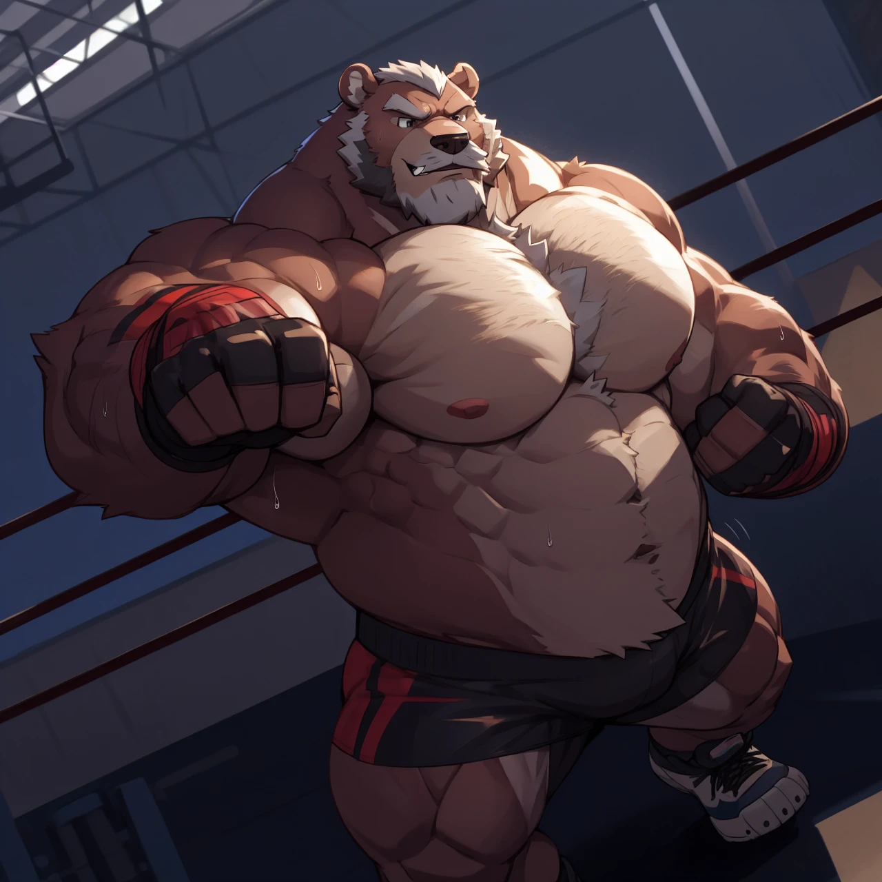 solo, 1boy, Huge Muscular Old Grizzly Bear champion, pectoral, huge pumped pectoral, wide pumped pectoral, steroids, short white hair, black MMA shorts, black MMA gloves and mma black footwear with toes out, shirtless and topless, bearded, Mustache, correct anatomy, gym background, gym equipments, masterpiece, high detailed, 8k, high resolution, at the gym, sweating, kicking and punching, practicing, training