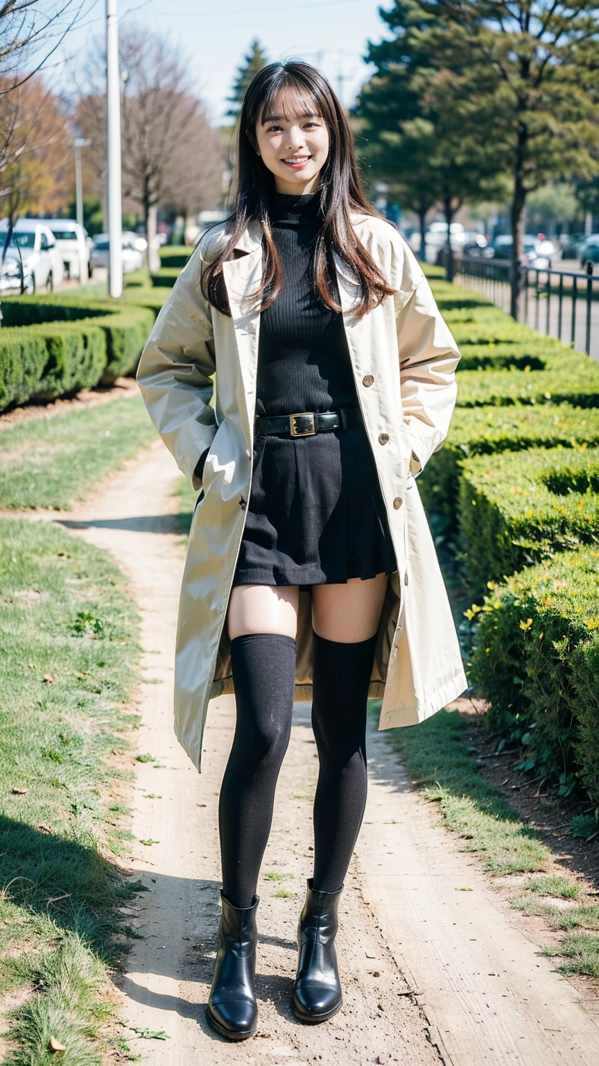 (8K、RAW Photos、Highest quality、masterpiece:1.2)、(Realistic、Realistic)、1 Girl、((Check mini skirt、Long coat、Medium Hair、black、Thin legs、whole body、boots、one piece、tights、garden、View from the front、smile、Looking into the camera、belt、Stand with hands on hips))、cute
