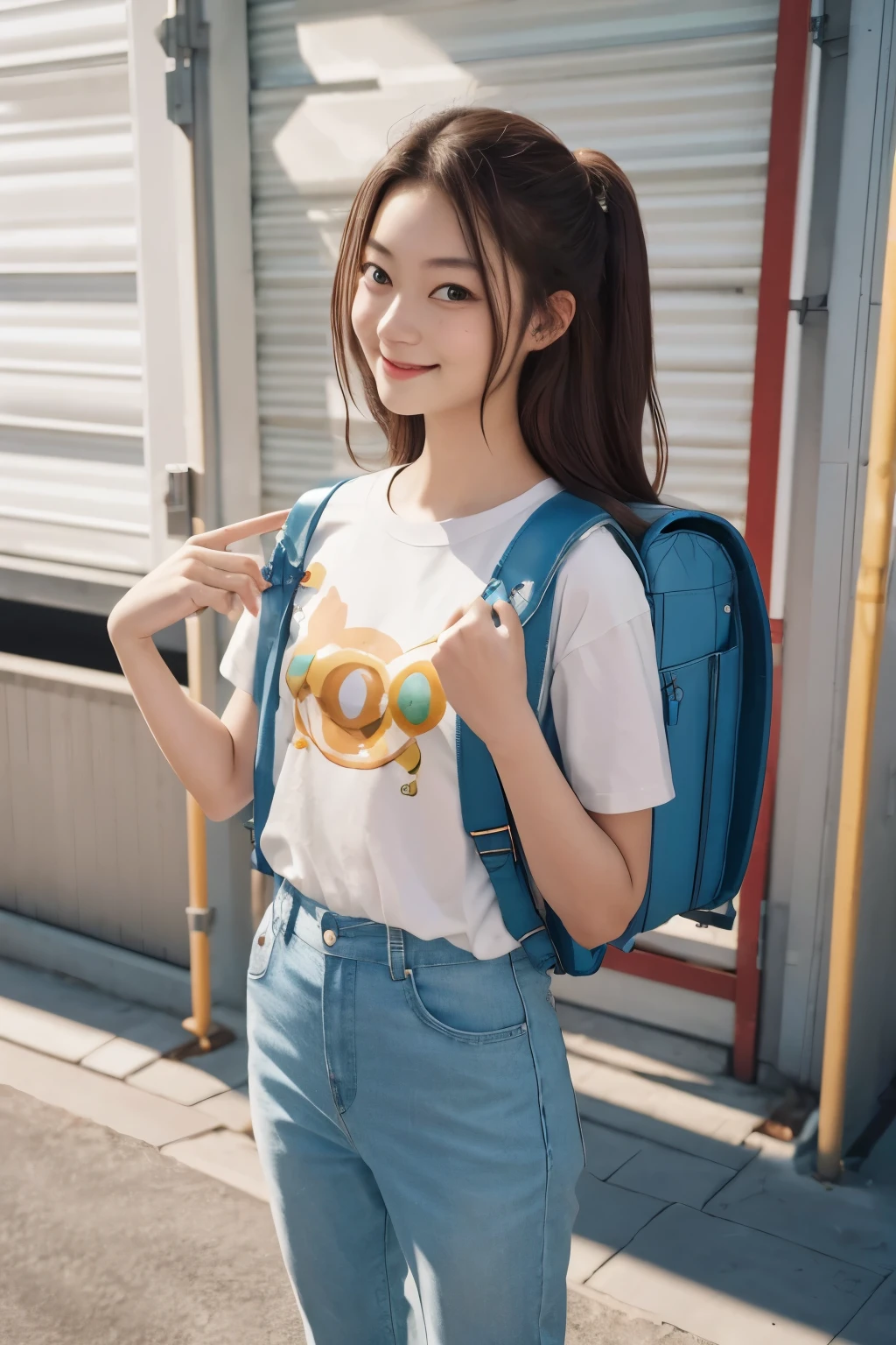 masterpiece, best quality, highres, realistic, 1girl,m, 17 y.o, 160 cm height body, cute boy, long hair, one side up, solo,brown hair, t-shirt,  white shirt, short sleeves,  blue pants, cowboy shot, smile,standing, wearing randoseru backpack, (backpack:1.1)