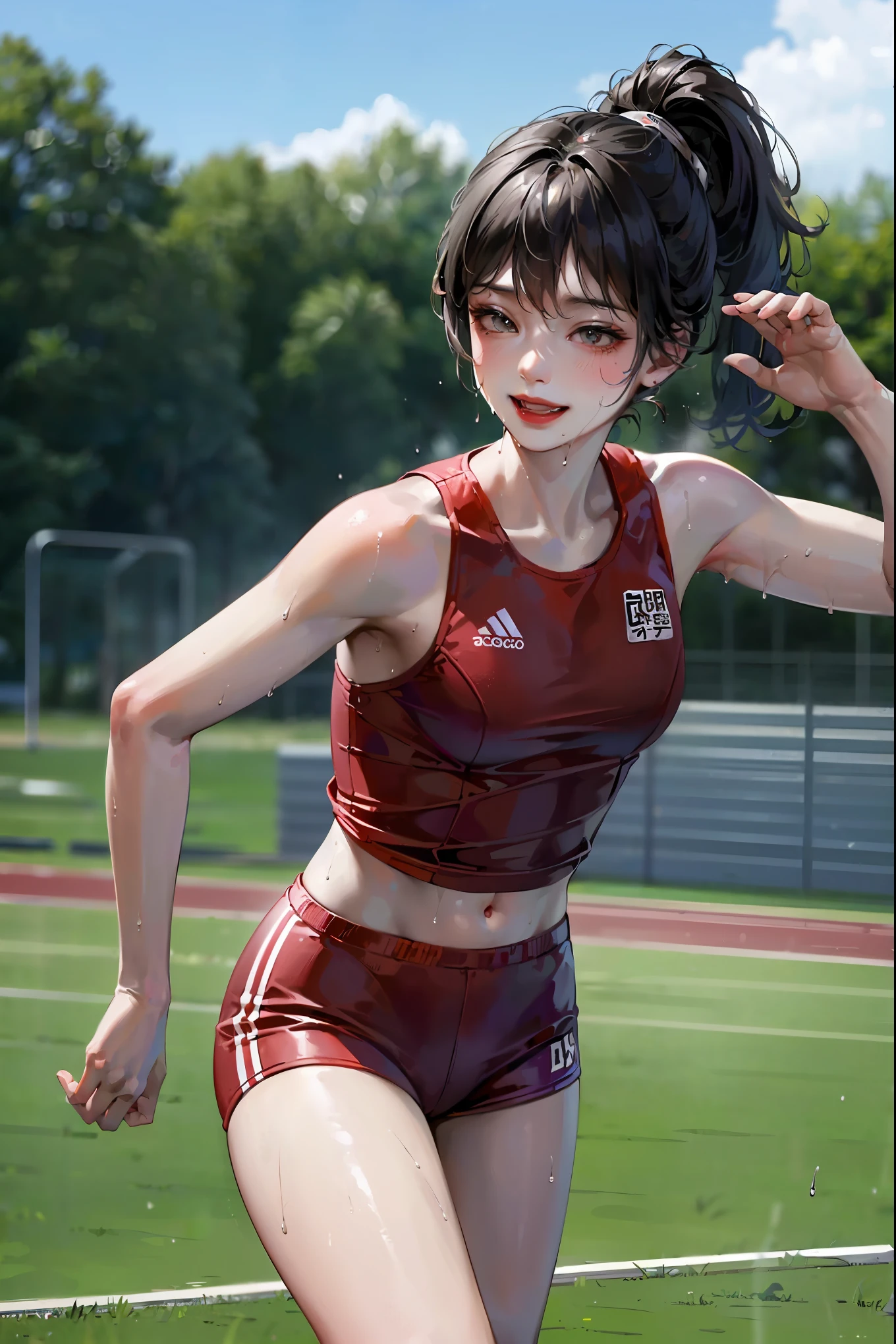 ((masterpiece, Top image quality, high resolution、solo、、Sleeveless on land、track and field athlete、High Ponytail Hairstyle、not good、whole body、a smile、Smile、Tecateca Skin、Glowing skin))、Sweaty face、Latino, puberty, Sweating all over、Red lipstick、Walking along the athletic track、solo、Hands and hips、The navel is exposed、((Thigh raise exercise))、((Running on the track))、(((Masculine body)))、((Soaked in sweat))、(((看whole body)))