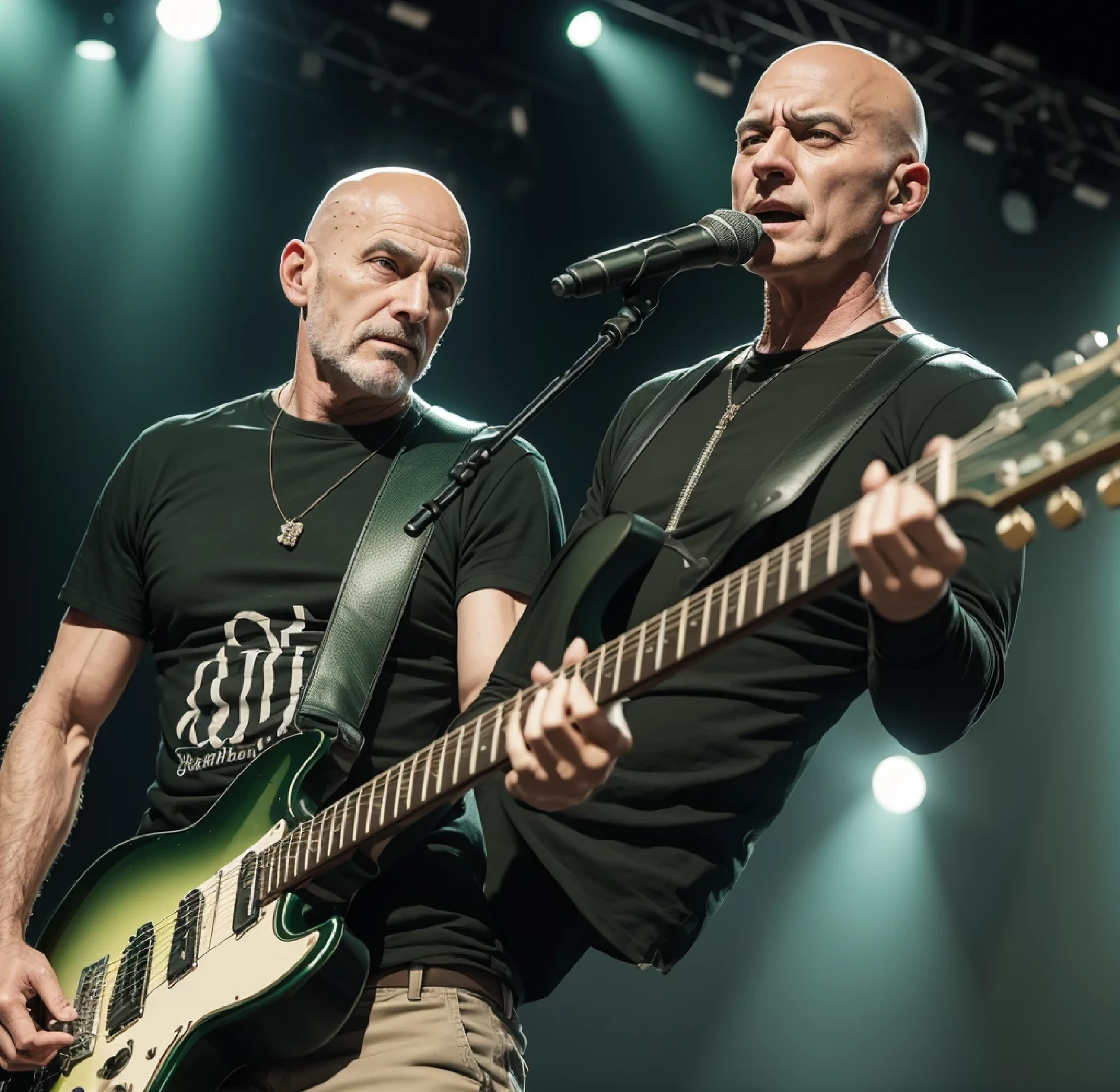 60 year old man , bald green eyes , 93kg, guitarist, Amazing photo with effect on stage at a show