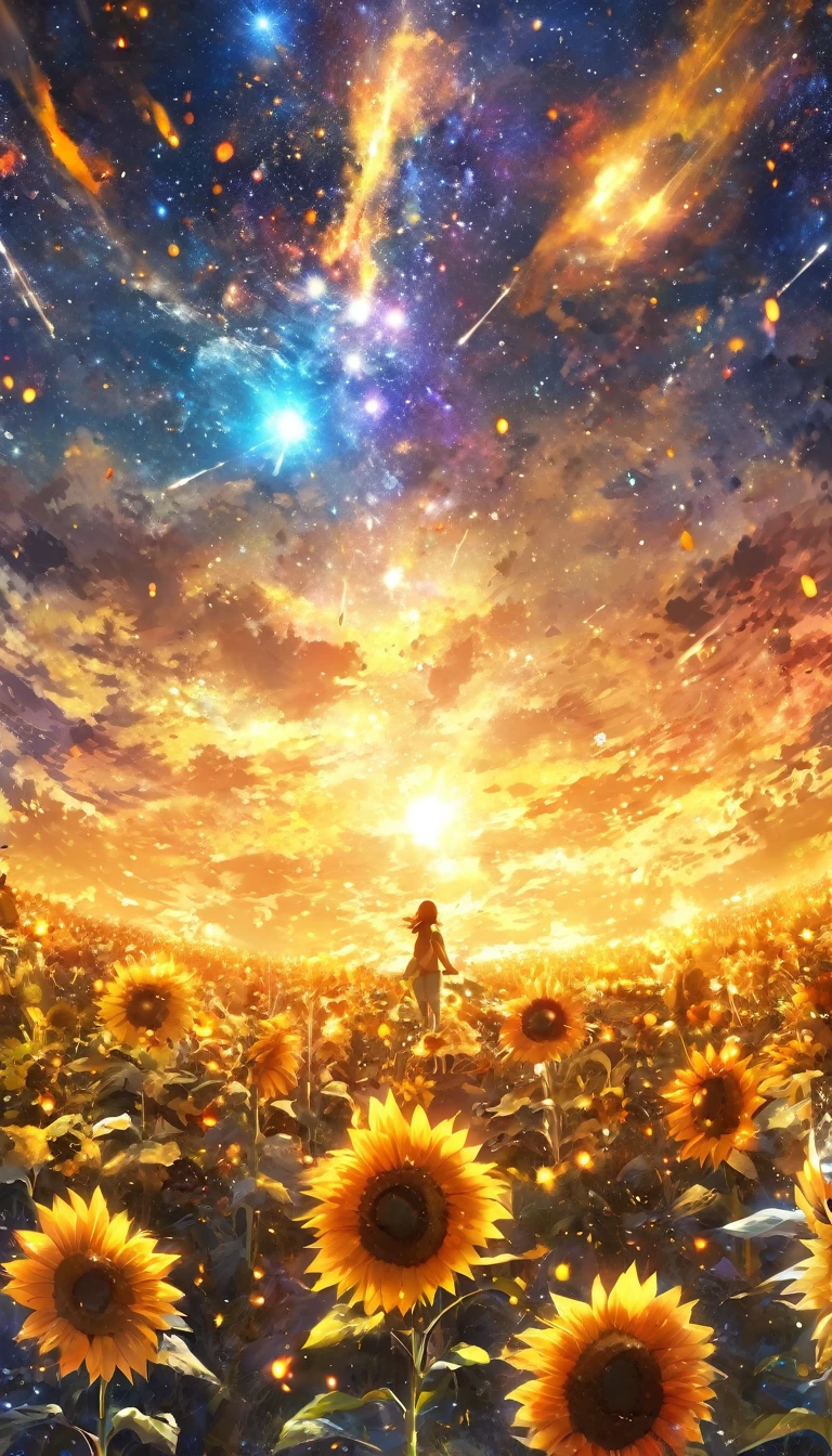 masterpiece, concept art, panorama, in the center, figure, wide shot, flower garden, night, (Meteors), Space galaxy background, (magnificent composition, epic proportions), dynamic lighting, Bright colors, sunflower blossoms,landscape