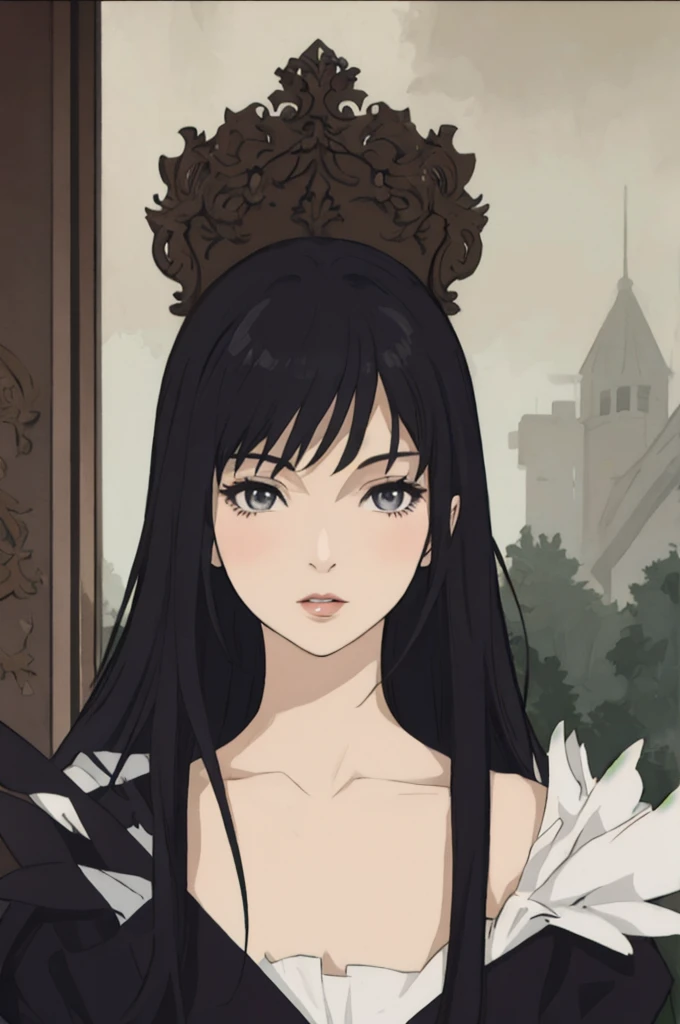 anime style, masterpiece, best_quality, 1girl, woman with long black hair, light grey eyes, she wears a noble's elegant dress, lips, portrait,