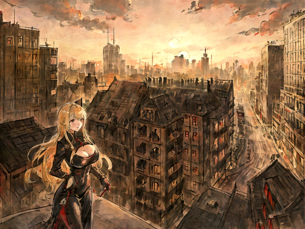 blonde girl, long-haired, With big breasts, in the city, black tight dress, wild animals background, ruined buildings, the red sun.
