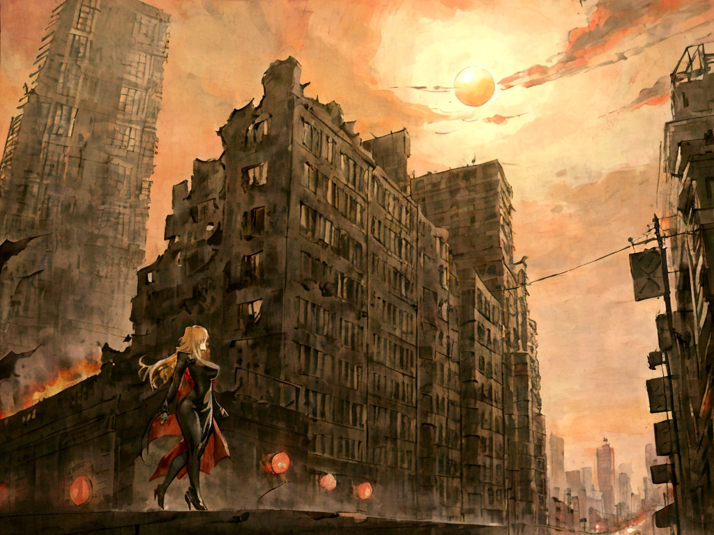 blonde girl, long-haired, With big breasts, in the city, black tight dress, wild animals background, ruined buildings, the red sun.