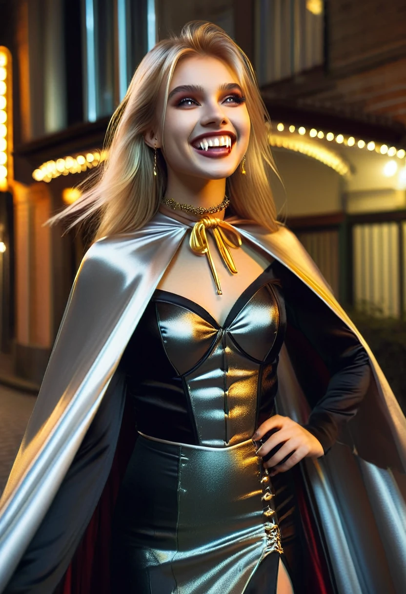 Vampyfangs1,(RAW photo) , 1girl, cute, 20 years old, long blonde hair in ponytail, smiling, look at viewer, ((((silver and gold lined satin cape tied at the neck)))+++, side spilt skirt , photo, realistic, best quality, hires, detailed face, detailed background, diffused lighting, depth of field, bokeh
