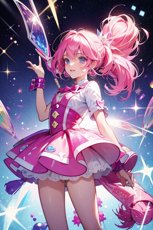 masterpiece,Highest quality,One girl,Shiny-luminous,[Yellow Eyes|Green Eyes],Red hair ,Twin tails,Pink Dress,Capelet,brooch,Arm warmers,Leg warmers,boots,Earrings,smile,Dynamic pose,Shiny,Particles of light,Multicolored background,