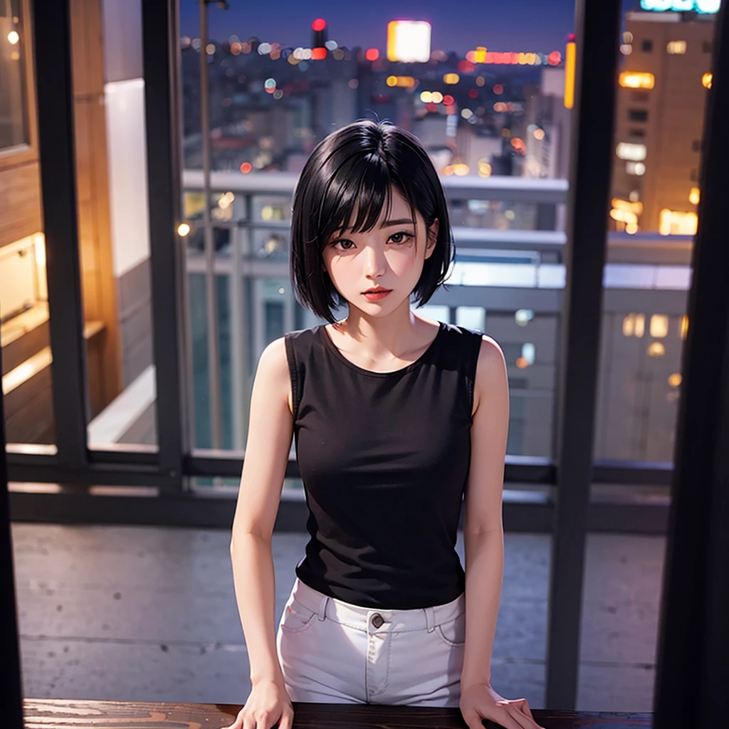 Girl with medium short black hair. At night on a balcony while smoking