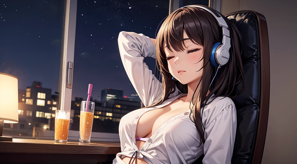 Girl with headphones enjoying music in a home　I am studying　Emphasize a little bit of the big chest　Looking towards me with eyes closed　Night Background